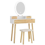 ELECWISH Tocador de Maquillaje de 23.6" con Vetas de Madera con Espejo LED y Taburete - Iluminación de 3 Tonos, Estación de Carga USB, Soporte para Secador de Pelo, Estantes de Almacenamiento