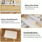 ELECWISH Tocador de Maquillaje de 23.6" con Vetas de Madera con Espejo LED y Taburete - Iluminación de 3 Tonos, Estación de Carga USB, Soporte para Secador de Pelo, Estantes de Almacenamiento