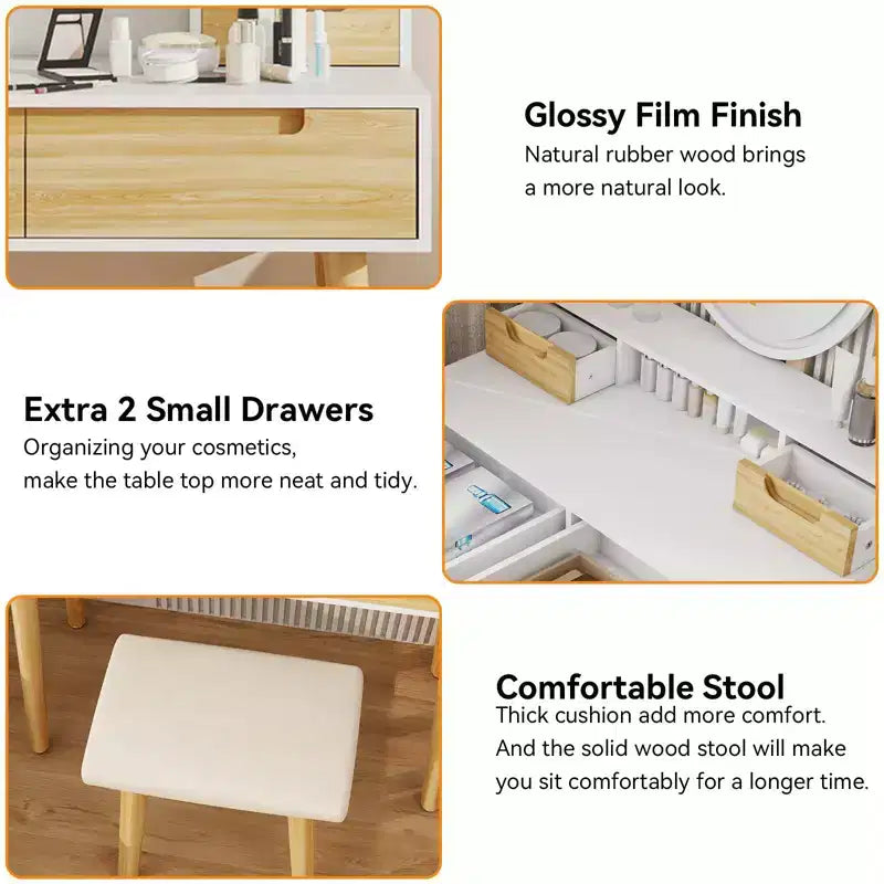 ELECWISH Tocador de Maquillaje de 23.6" con Vetas de Madera con Espejo LED y Taburete - Iluminación de 3 Tonos, Estación de Carga USB, Soporte para Secador de Pelo, Estantes de Almacenamiento