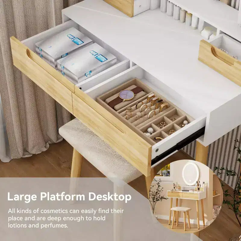 ELECWISH Tocador de Maquillaje de 23.6" con Vetas de Madera con Espejo LED y Taburete - Iluminación de 3 Tonos, Estación de Carga USB, Soporte para Secador de Pelo, Estantes de Almacenamiento