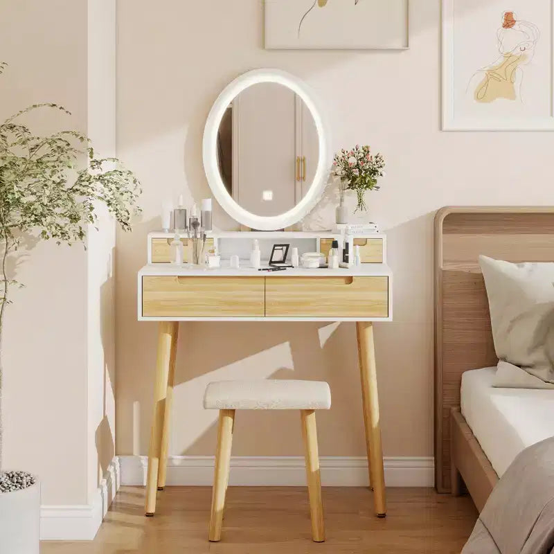 ELECWISH Tocador de Maquillaje de 23.6" con Vetas de Madera con Espejo LED y Taburete - Iluminación de 3 Tonos, Estación de Carga USB, Soporte para Secador de Pelo, Estantes de Almacenamiento