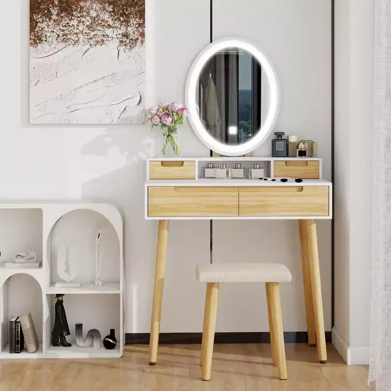 ELECWISH Tocador de Maquillaje de 23.6" con Vetas de Madera con Espejo LED y Taburete - Iluminación de 3 Tonos, Estación de Carga USB, Soporte para Secador de Pelo, Estantes de Almacenamiento