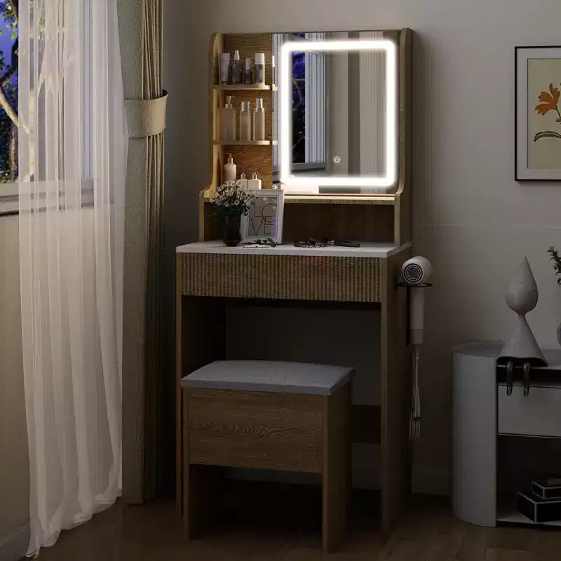 ELECWISH Tocador de Maquillaje de 23.6" con Vetas de Madera con Espejo LED y Taburete - Iluminación de 3 Tonos, Estación de Carga USB, Soporte para Secador de Pelo, Estantes de Almacenamiento