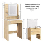 ELECWISH Tocador de Maquillaje de 23.6" con Vetas de Madera con Espejo LED y Taburete - Iluminación de 3 Tonos, Estación de Carga USB, Soporte para Secador de Pelo, Estantes de Almacenamiento