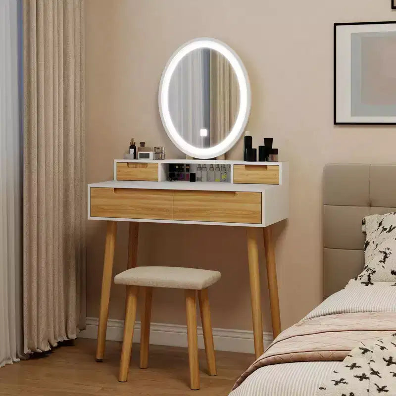 ELECWISH Tocador de Maquillaje de 23.6" con Vetas de Madera con Espejo LED y Taburete - Iluminación de 3 Tonos, Estación de Carga USB, Soporte para Secador de Pelo, Estantes de Almacenamiento