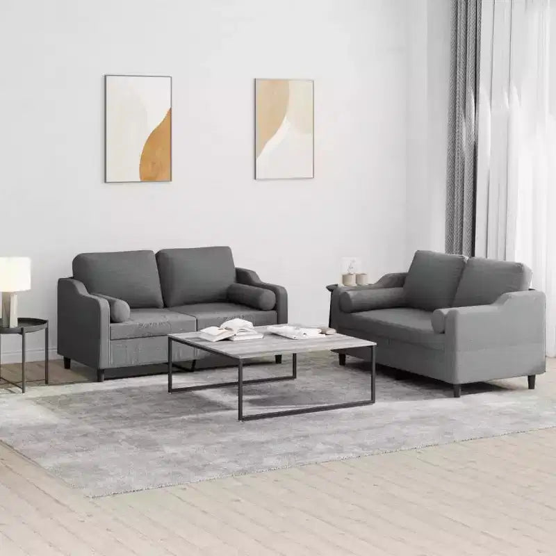 vidaXL Juego de 2 Sofás Modernos con Cojines Cilíndricos - Tela Gris Oscuro, Estructura de Madera Contrachapada y Metal, Solución de Asientos para Interiores