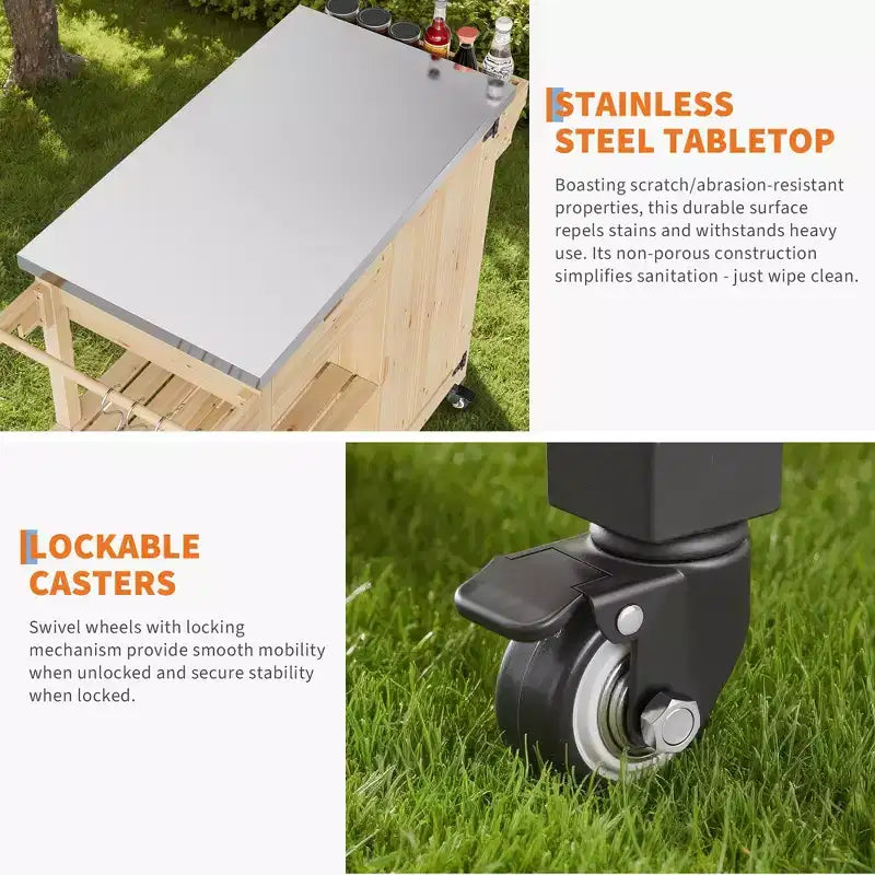 Carrito de parrilla exterior e isla de cocina con ruedas con parte superior de acero inoxidable - con cajón, especiero, estantes abiertos, ruedas, carrito de bar portátil para patio para barbacoa
