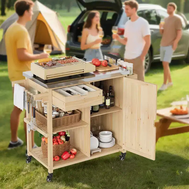Carrito de parrilla exterior e isla de cocina con ruedas con parte superior de acero inoxidable - con cajón, especiero, estantes abiertos, ruedas, carrito de bar portátil para patio para barbacoa