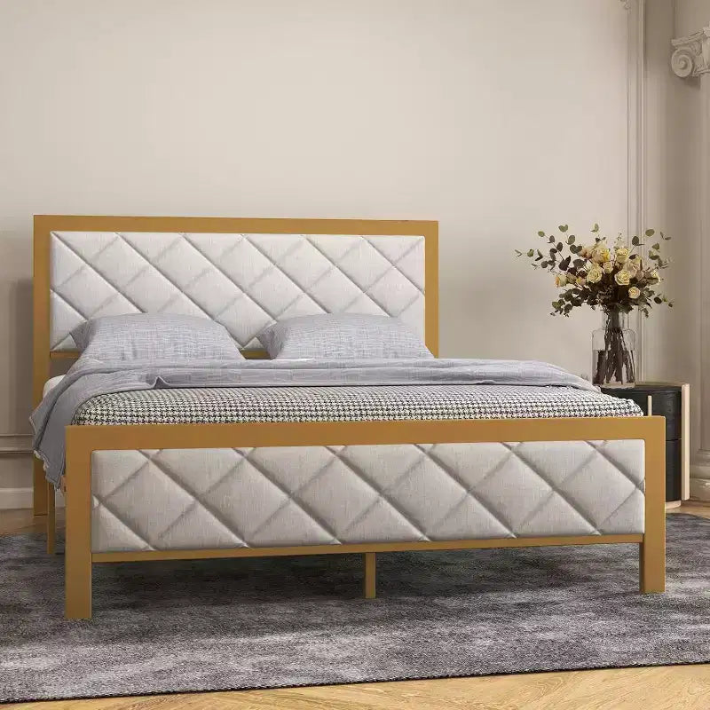 Estructura de cama de terciopelo Acekool - Cabecero acolchado y espacio de almacenamiento