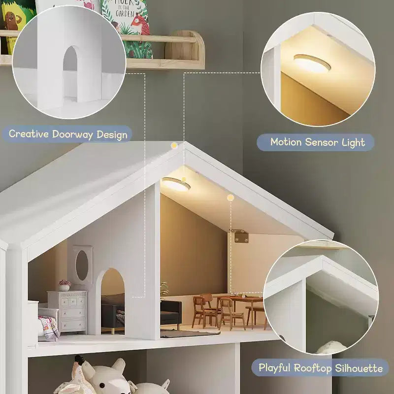 Acekool Estantería Infantil de 3 Niveles con Luz con Sensor de Movimiento, Organizador de Almacenamiento de Juguetes, Estantería de Madera con Forma de Casa para Dormitorio o Sala de Juegos, 120 cm de Alto