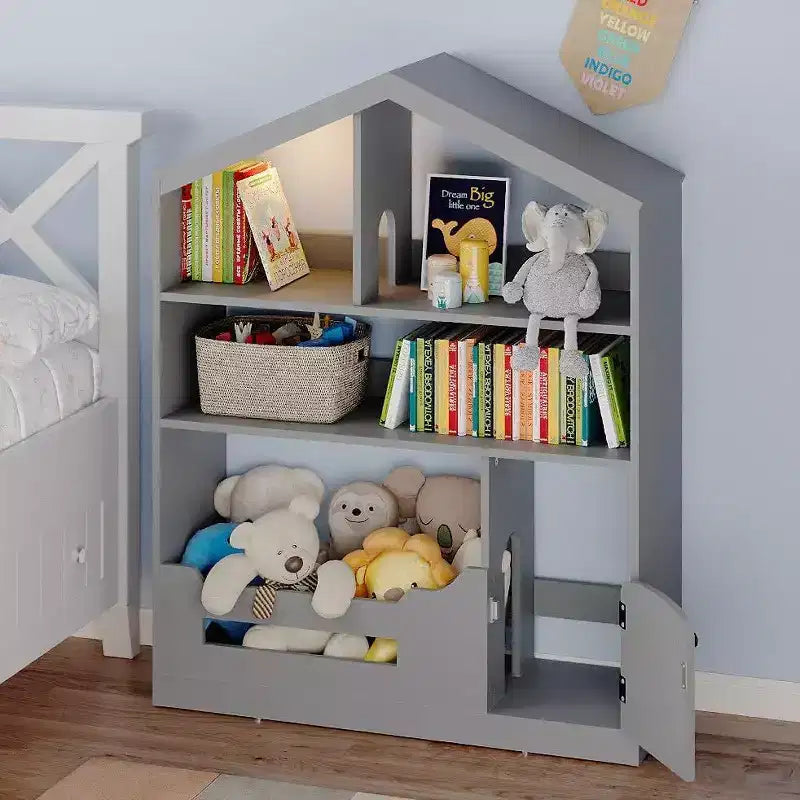 Acekool Estantería Infantil de 3 Niveles con Luz con Sensor de Movimiento, Organizador de Almacenamiento de Juguetes, Estantería de Madera con Forma de Casa para Dormitorio o Sala de Juegos, 120 cm de Alto