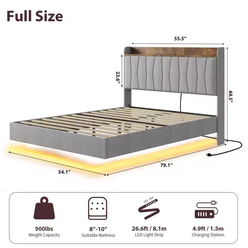 Base de Cama Flotante King con Luces LED y Estación de Carga USB, Cama Plataforma Tapizada con Cabecero, Soporte de Láminas de Madera Maciza, Sin Necesidad de Somier