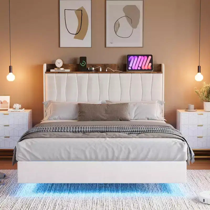 Base de Cama Flotante King con Luces LED y Estación de Carga USB, Cama Plataforma Tapizada con Cabecero, Soporte de Láminas de Madera Maciza, Sin Necesidad de Somier