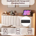 Base de Cama Flotante King con Luces LED y Estación de Carga USB, Cama Plataforma Tapizada con Cabecero, Soporte de Láminas de Madera Maciza, Sin Necesidad de Somier