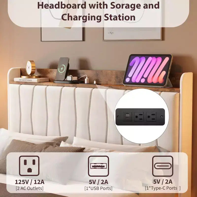Base de Cama Flotante King con Luces LED y Estación de Carga USB, Cama Plataforma Tapizada con Cabecero, Soporte de Láminas de Madera Maciza, Sin Necesidad de Somier