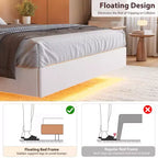 Base de Cama Flotante King con Luces LED y Estación de Carga USB, Cama Plataforma Tapizada con Cabecero, Soporte de Láminas de Madera Maciza, Sin Necesidad de Somier