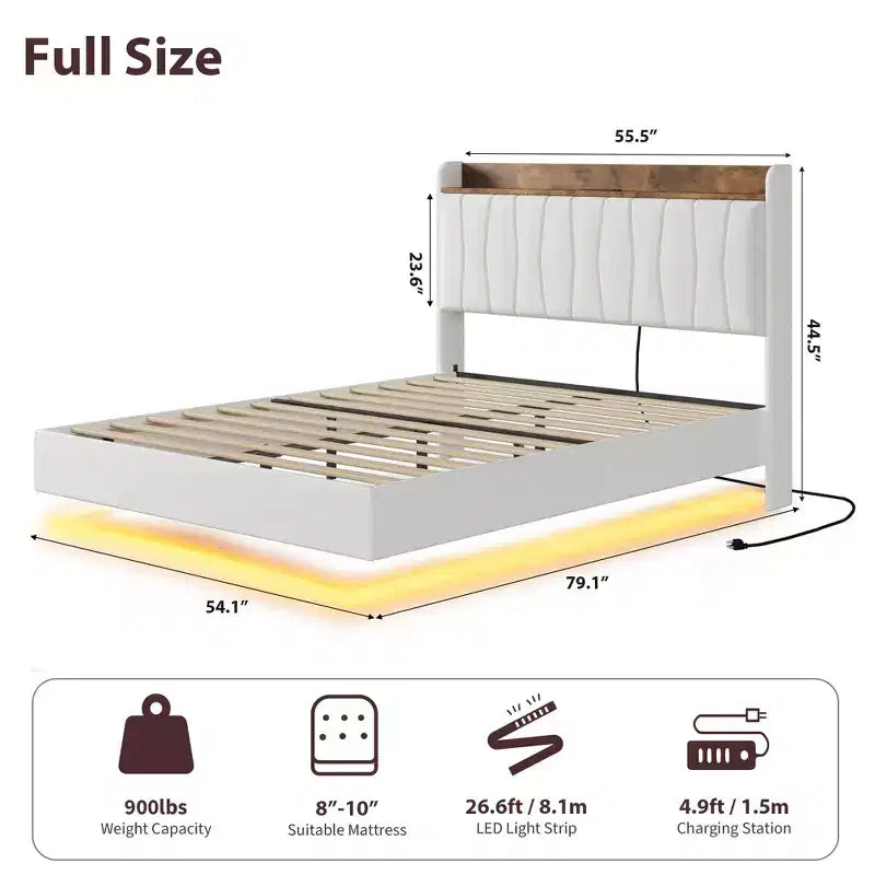 Base de Cama Flotante King con Luces LED y Estación de Carga USB, Cama Plataforma Tapizada con Cabecero, Soporte de Láminas de Madera Maciza, Sin Necesidad de Somier