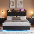 Base de Cama Flotante King con Luces LED y Estación de Carga USB, Cama Plataforma Tapizada con Cabecero, Soporte de Láminas de Madera Maciza, Sin Necesidad de Somier