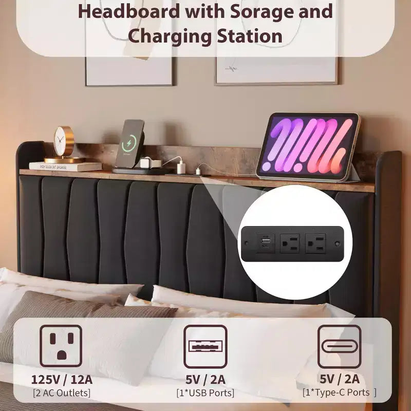 Base de Cama Flotante King con Luces LED y Estación de Carga USB, Cama Plataforma Tapizada con Cabecero, Soporte de Láminas de Madera Maciza, Sin Necesidad de Somier