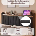 Base de Cama Flotante King con Luces LED y Estación de Carga USB, Cama Plataforma Tapizada con Cabecero, Soporte de Láminas de Madera Maciza, Sin Necesidad de Somier