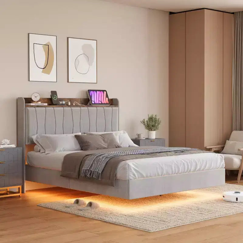 Base de Cama Flotante King con Luces LED y Estación de Carga USB, Cama Plataforma Tapizada con Cabecero, Soporte de Láminas de Madera Maciza, Sin Necesidad de Somier