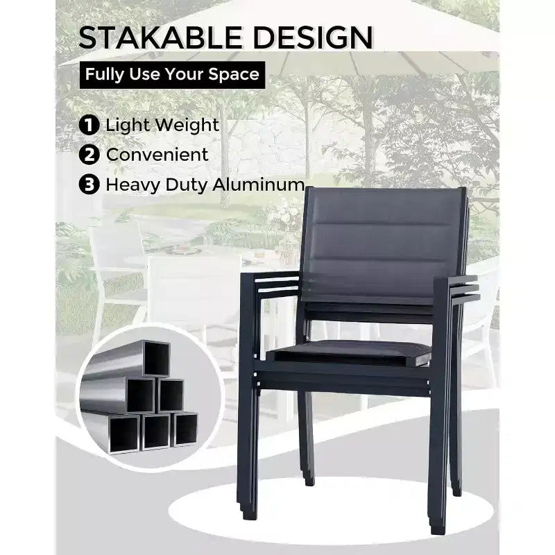 GustoWave Juego de 4 sillones apilables, sillas de comedor de aluminio para exterior con asientos acolchados gruesos, sillas de jardín apilables con reposabrazos