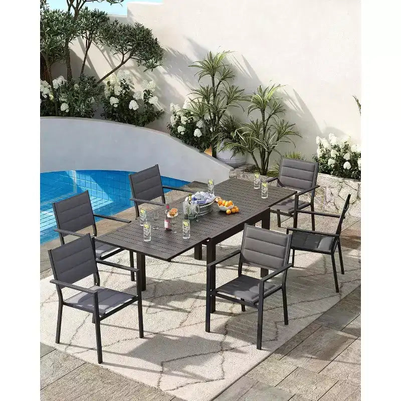 GustoWave Juego de 4 sillones apilables, sillas de comedor de aluminio para exterior con asientos acolchados gruesos, sillas de jardín apilables con reposabrazos