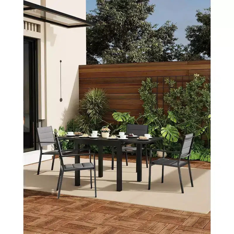 GustoWave Juego de 4 sillones apilables, sillas de comedor de aluminio para exterior con asientos acolchados gruesos, sillas de jardín apilables con reposabrazos