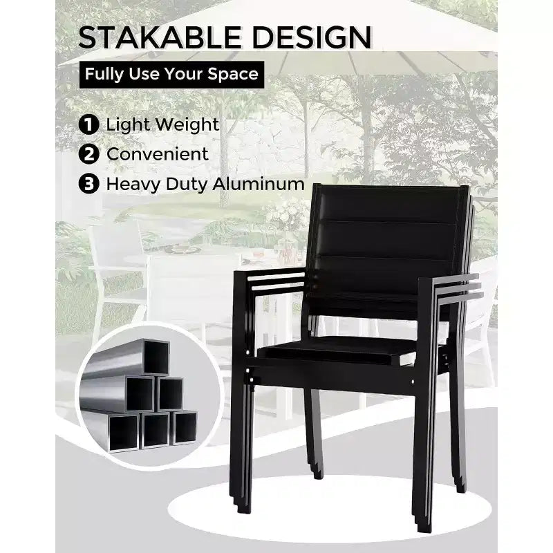 GustoWave Juego de 4 sillones apilables, sillas de comedor de aluminio para exterior con asientos acolchados gruesos, sillas de jardín apilables con reposabrazos
