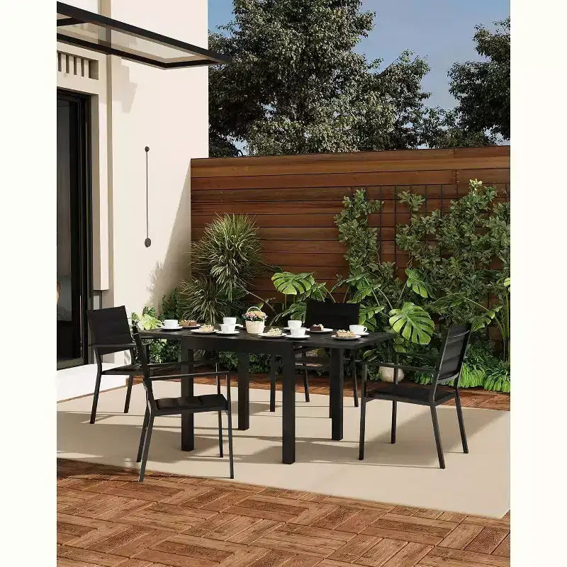 GustoWave Juego de 4 sillones apilables, sillas de comedor de aluminio para exterior con asientos acolchados gruesos, sillas de jardín apilables con reposabrazos