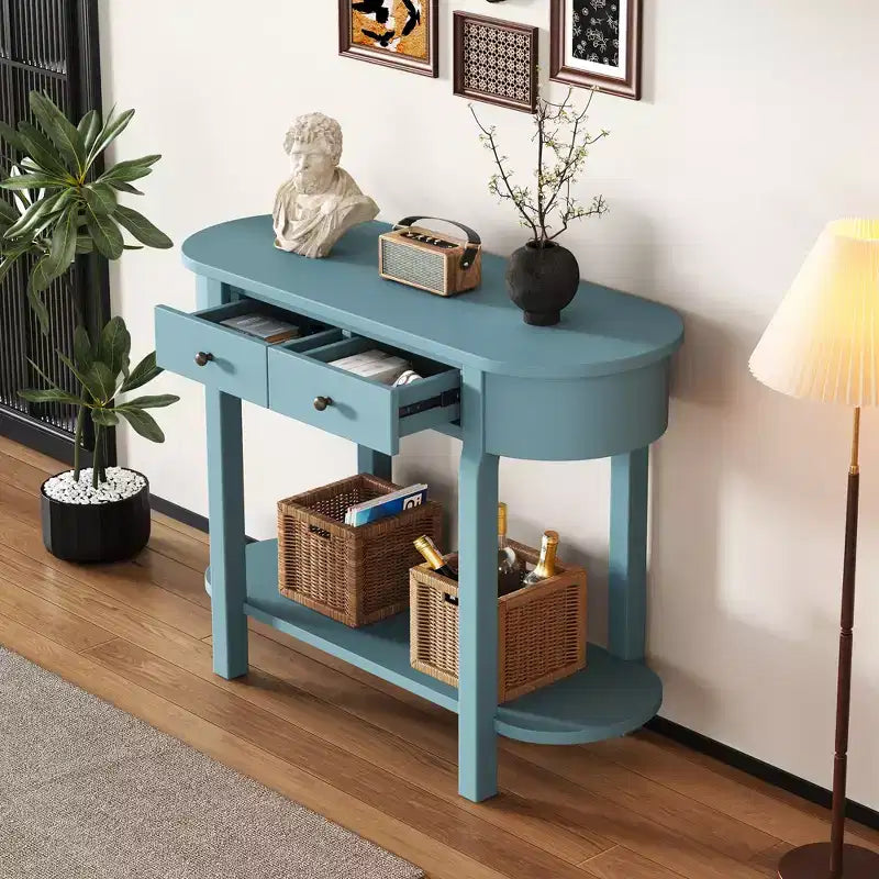 Mesa de consola retro MAYEERTY con diseño curvo y esmalte liso para entradas, salas de estar, pasillos, verde turquesa