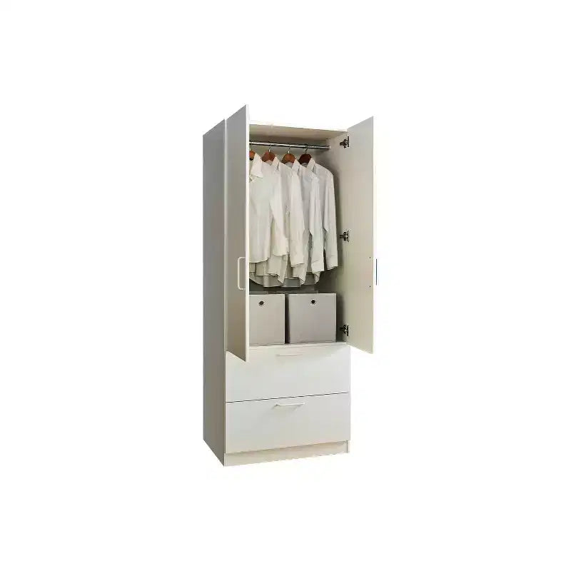Armario de madera de dos puertas HomeStock Emma con dos cajones y barras para colgar en blanco
