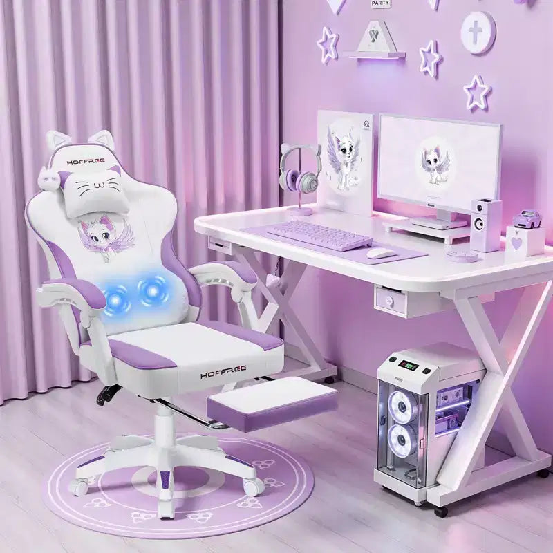 Silla Gaming Hoffree Rosa Linda Ergonómica para Niñas con Reposapiés y Masaje Lumbar