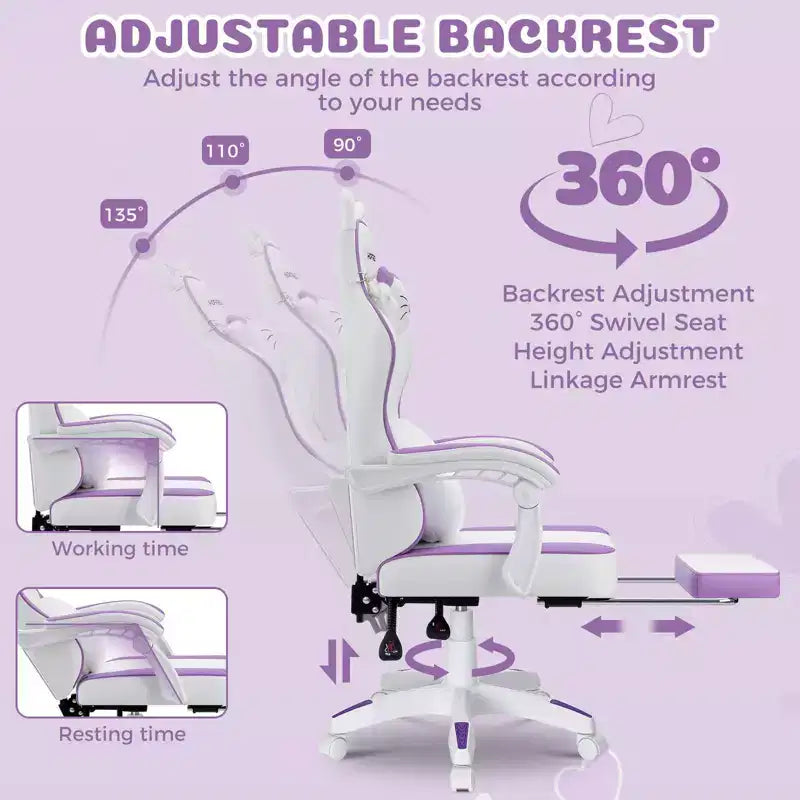 Silla Gaming Hoffree Rosa Linda Ergonómica para Niñas con Reposapiés y Masaje Lumbar