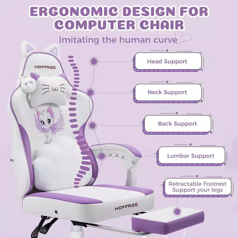 Silla Gaming Hoffree Rosa Linda Ergonómica para Niñas con Reposapiés y Masaje Lumbar