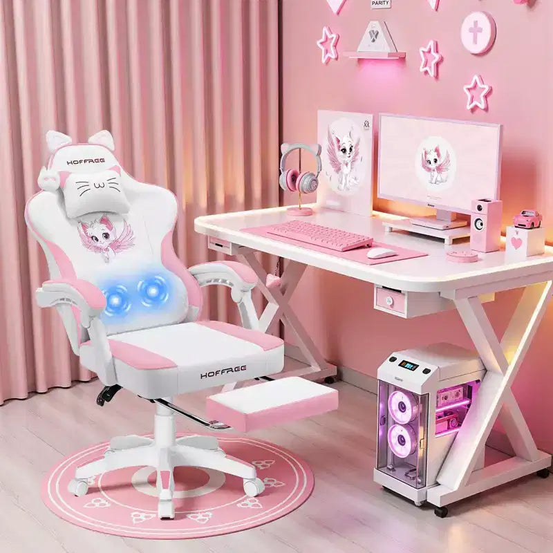 Silla Gaming Hoffree Rosa Linda Ergonómica para Niñas con Reposapiés y Masaje Lumbar