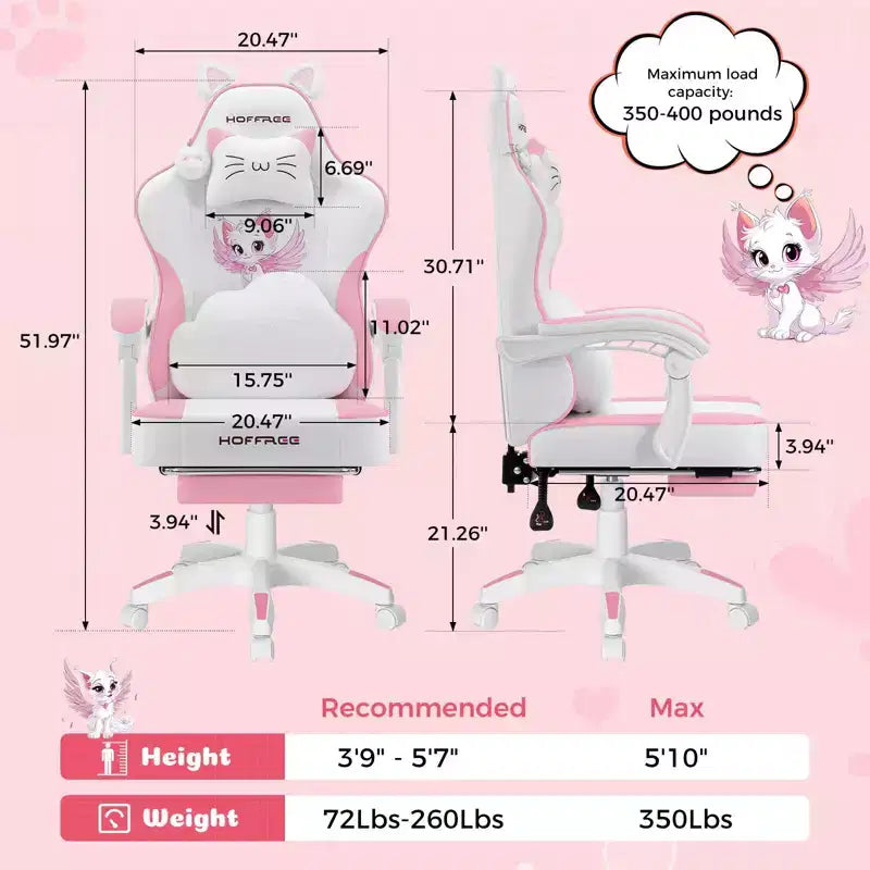 Silla Gaming Hoffree Rosa Linda Ergonómica para Niñas con Reposapiés y Masaje Lumbar