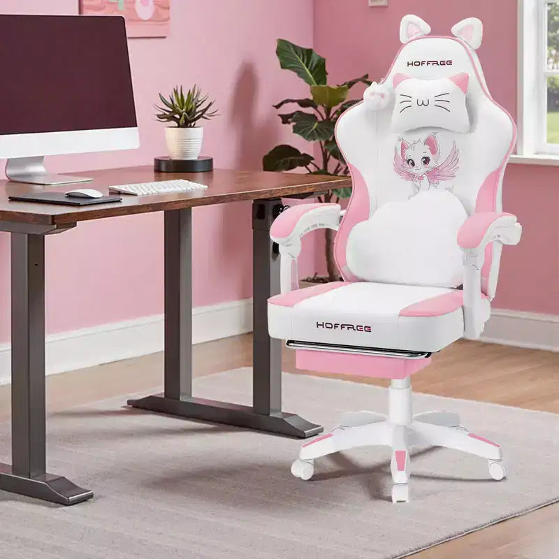 Silla Gaming Hoffree Rosa Linda Ergonómica para Niñas con Reposapiés y Masaje Lumbar