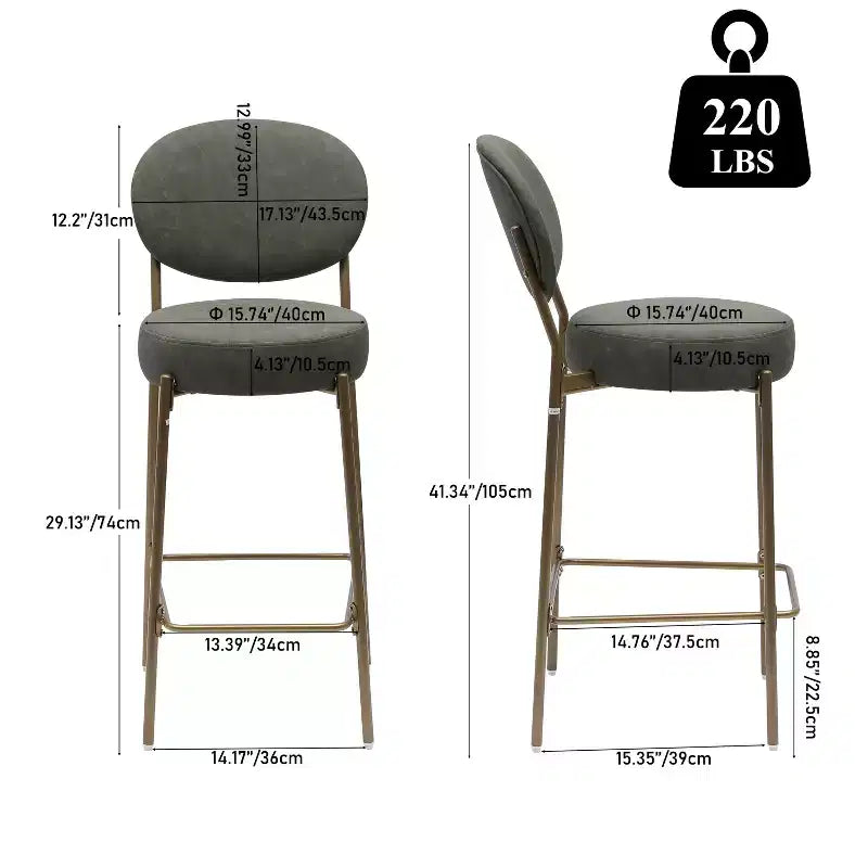 MAYEERTY Juego de 2 taburetes de bar tapizados de 74 cm, taburetes de comedor de piel sintética con patas doradas, sillas redondas modernas verdes para cocina
