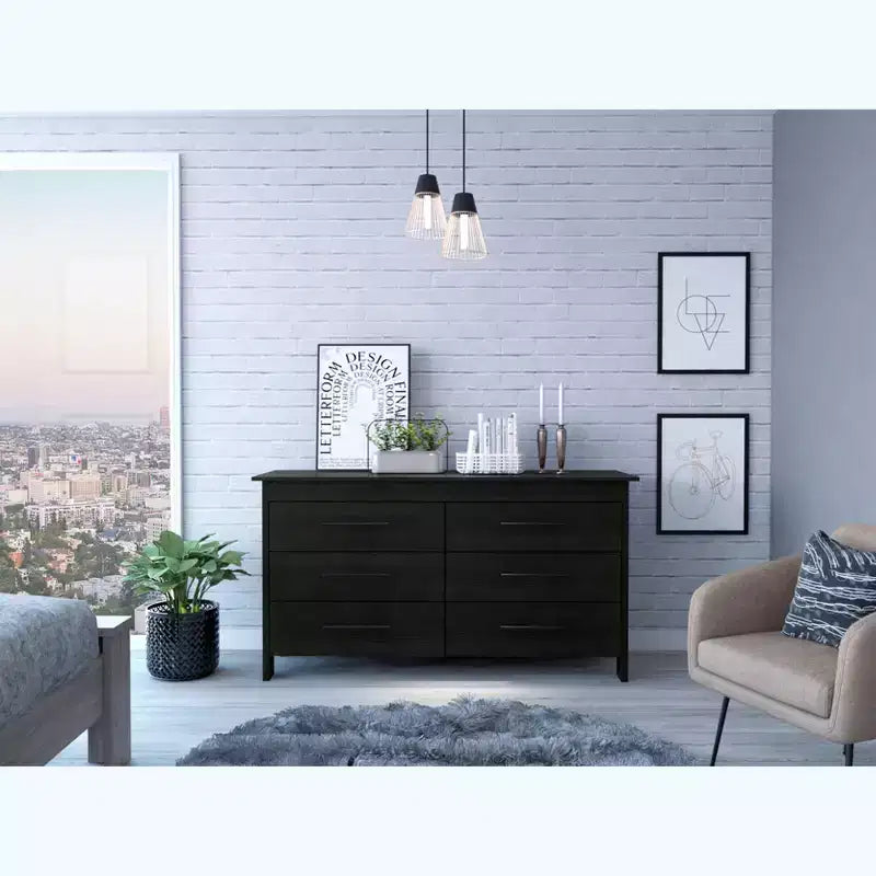 Cómoda moderna rectangular Okak para dormitorio con 6 cajones y tiradores de metal negro, amplio gabinete de almacenamiento para sala de estar, pasillo, entrada