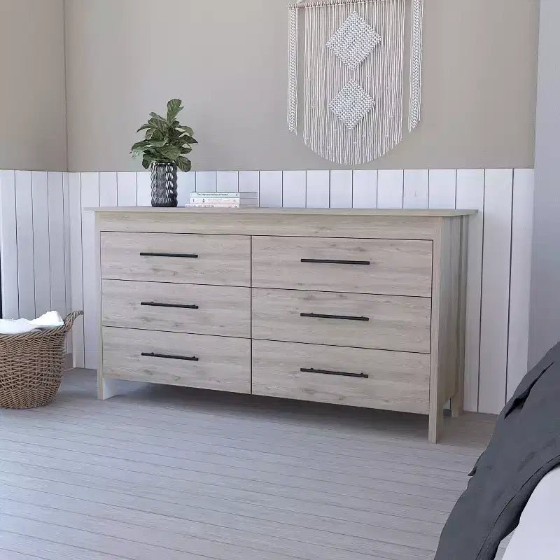 Cómoda moderna rectangular Okak para dormitorio con 6 cajones y tiradores de metal negro, amplio gabinete de almacenamiento para sala de estar, pasillo, entrada