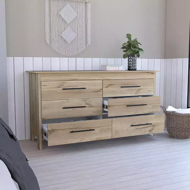 Cómoda moderna rectangular Okak para dormitorio con 6 cajones y tiradores de metal negro, amplio gabinete de almacenamiento para sala de estar, pasillo, entrada