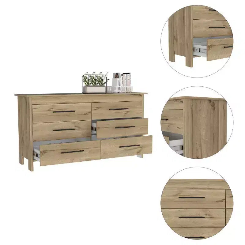 Cómoda moderna rectangular Okak para dormitorio con 6 cajones y tiradores de metal negro, amplio gabinete de almacenamiento para sala de estar, pasillo, entrada