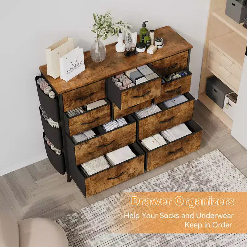 Torre de almacenamiento de tela de 10 cajones - Cómoda con estructura de acero y tapa de madera para dormitorio, cuarto de niños y armario