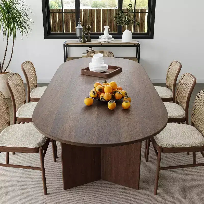 79 Mesa de comedor ovalada grande marrón estilo rústico para 6-8 personas con patas en forma de V para comedor y sala de estar
