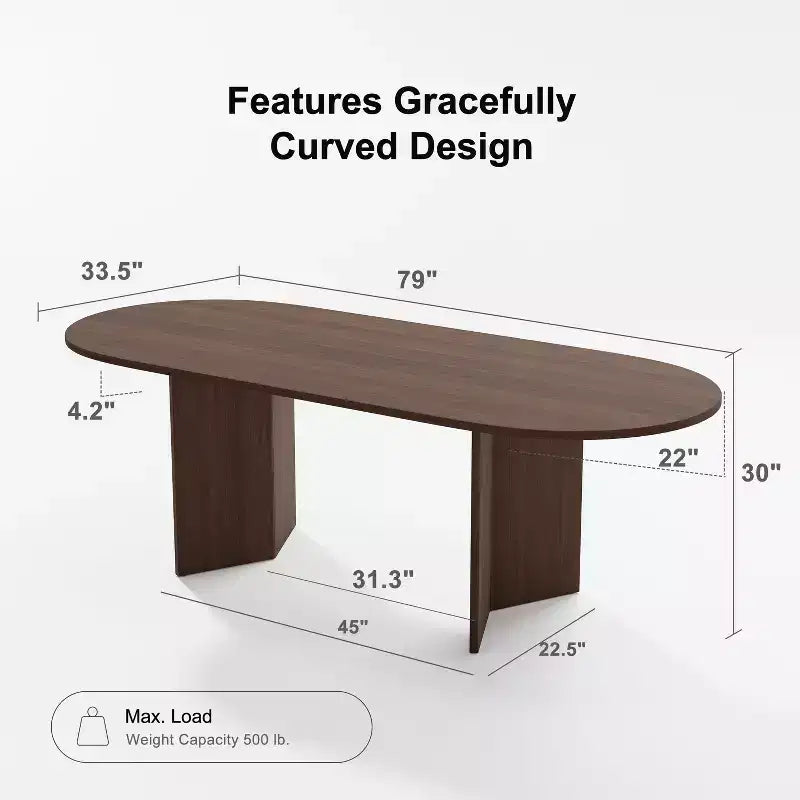 79 Mesa de comedor ovalada grande marrón estilo rústico para 6-8 personas con patas en forma de V para comedor y sala de estar