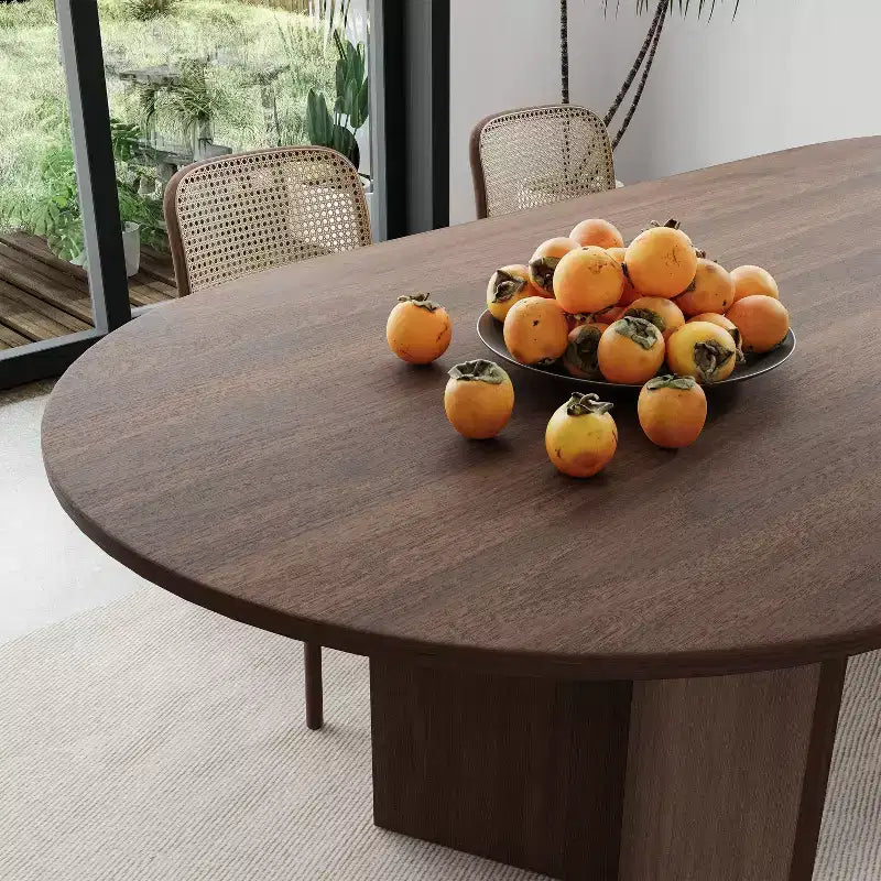 79 Mesa de comedor ovalada grande marrón estilo rústico para 6-8 personas con patas en forma de V para comedor y sala de estar