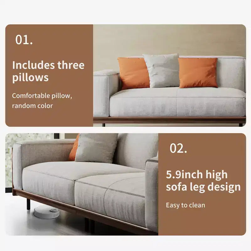 Sofá extralargo de madera maciza color gris claro de estilo de mediados de siglo, 4 plazas, algodón-lino, con detalles de nogal y fundas lavables Gaoyangjiaju, 111.81