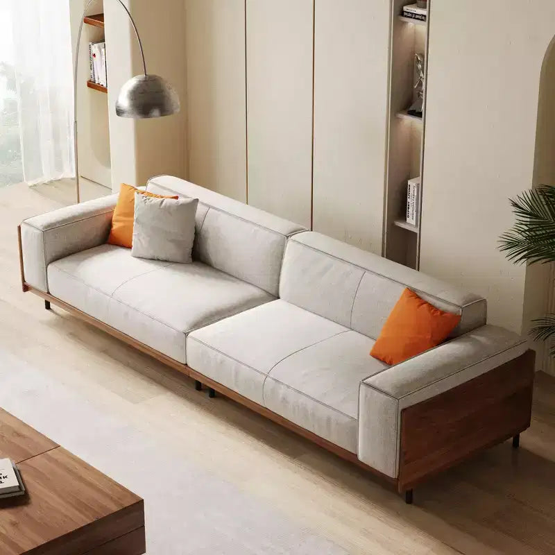 Sofá extralargo de madera maciza color gris claro de estilo de mediados de siglo, 4 plazas, algodón-lino, con detalles de nogal y fundas lavables Gaoyangjiaju, 111.81