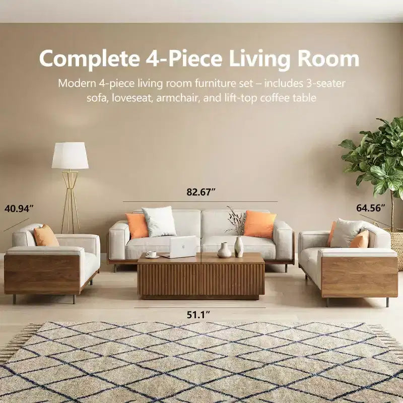 Sofá extralargo de madera maciza color gris claro de estilo de mediados de siglo, 4 plazas, algodón-lino, con detalles de nogal y fundas lavables Gaoyangjiaju, 111.81